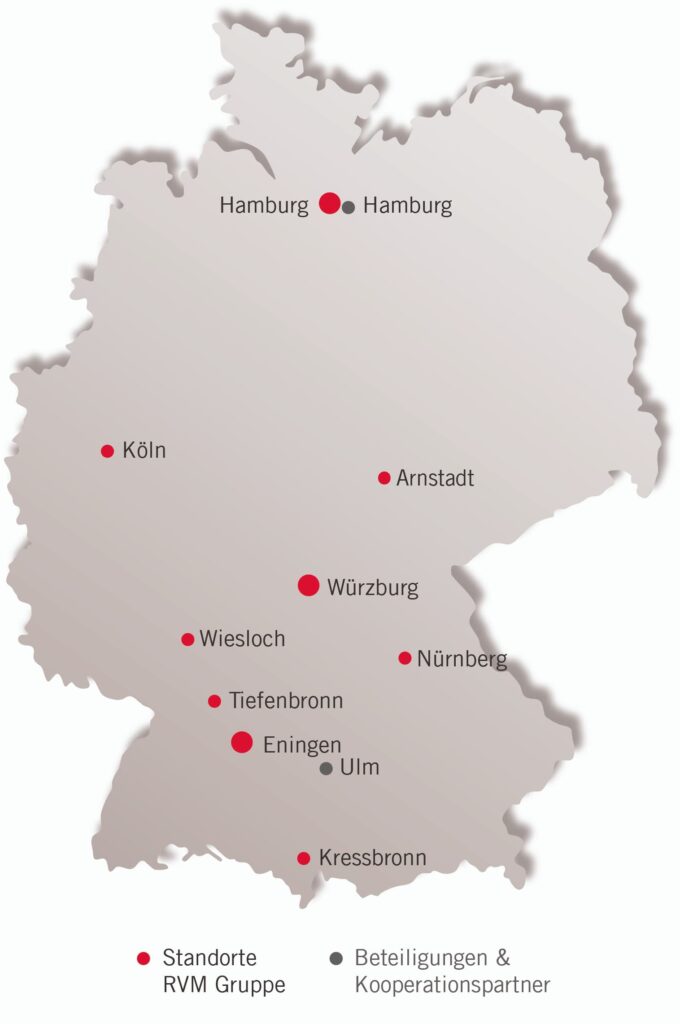 Deutschlandkarte mit markierten Unternehmensstandorten und Kooperationspartnern