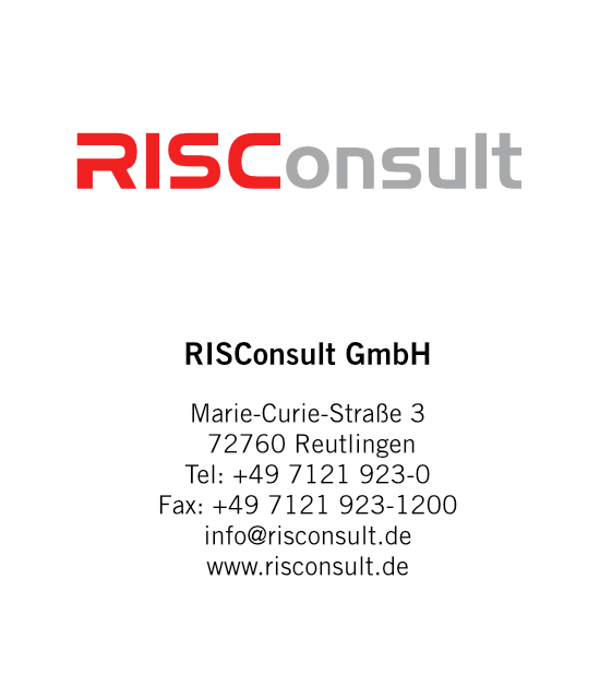 Logo und Kontaktdaten der RISConsult GmbH mit Adresse, Telefon, Fax, E-Mail und Website