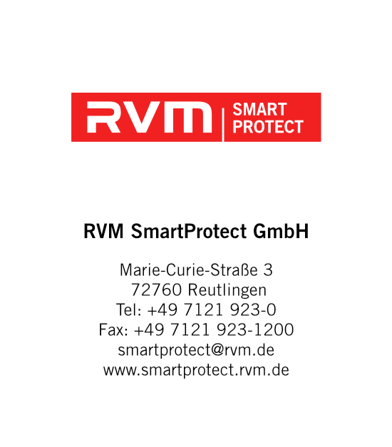 Logo und Kontaktdaten der RVM SmartProtect GmbH mit Adresse, Telefon, Fax, E-Mail und Website