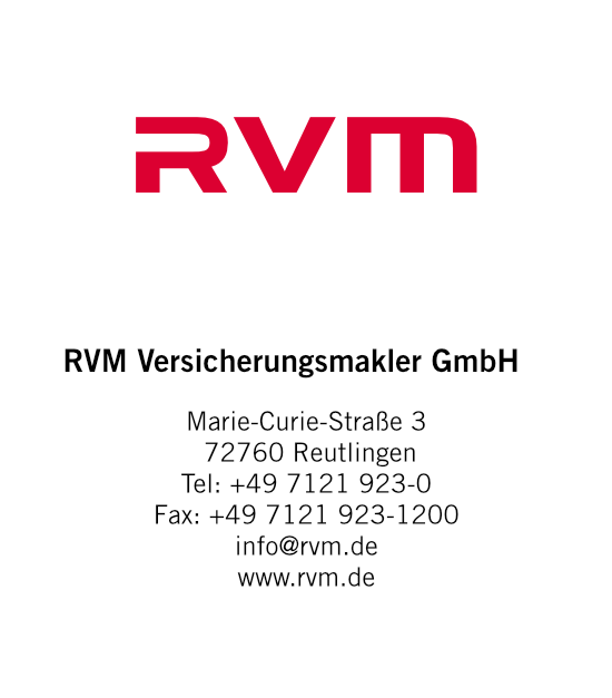 Logo und Kontaktdaten der RVM Versicherungsmakler GmbH mit Adresse, Telefon, Fax, E-Mail und Website